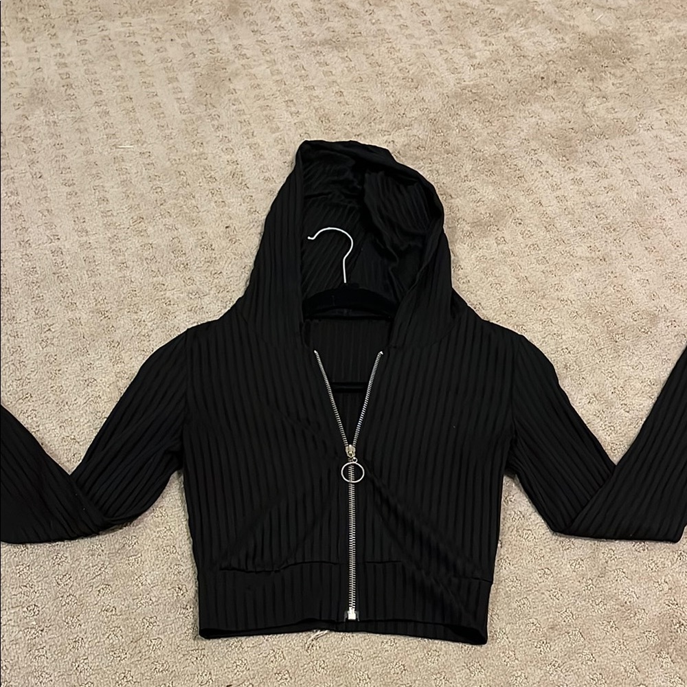Black Ribbed Zip-Up Hoodie Top